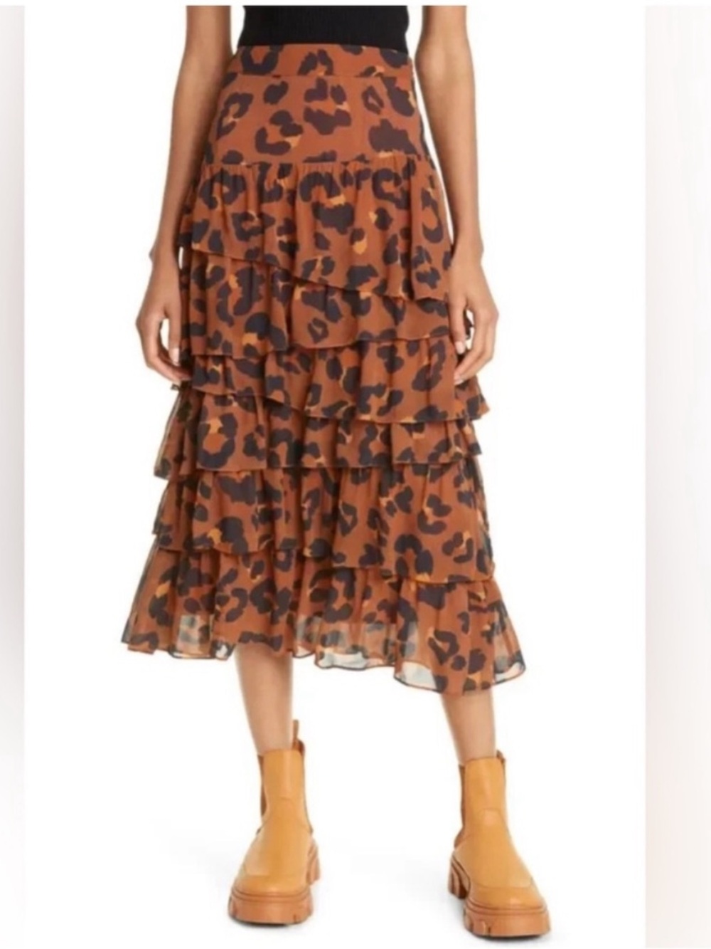 FARM Rio Brown and Black Leopard Print Tiered Maxi Skirt